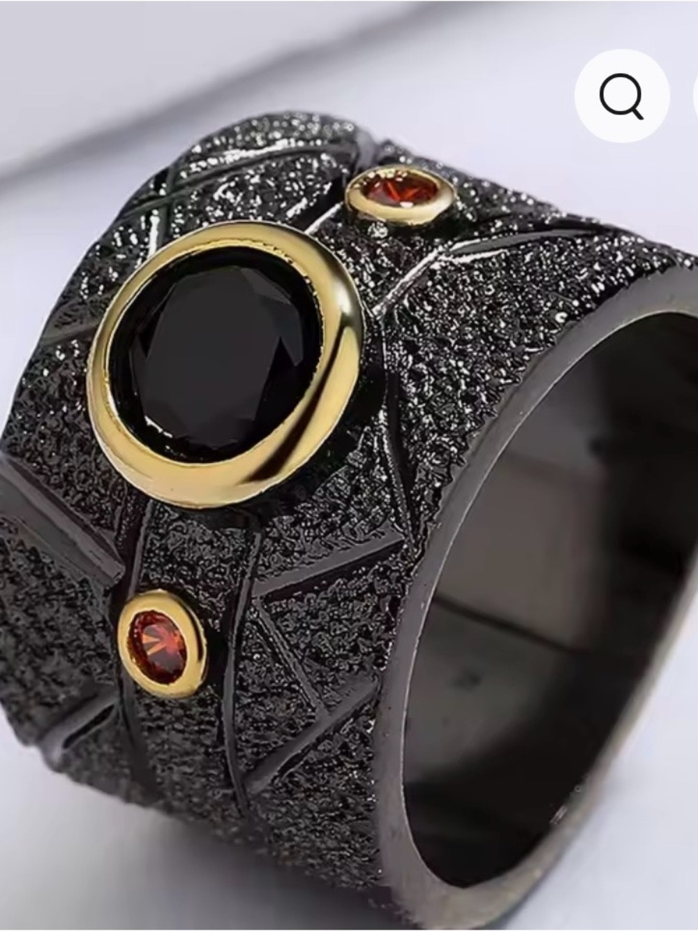 Black Textured Wide Band Ring with Gold Accents and Black Center Stone